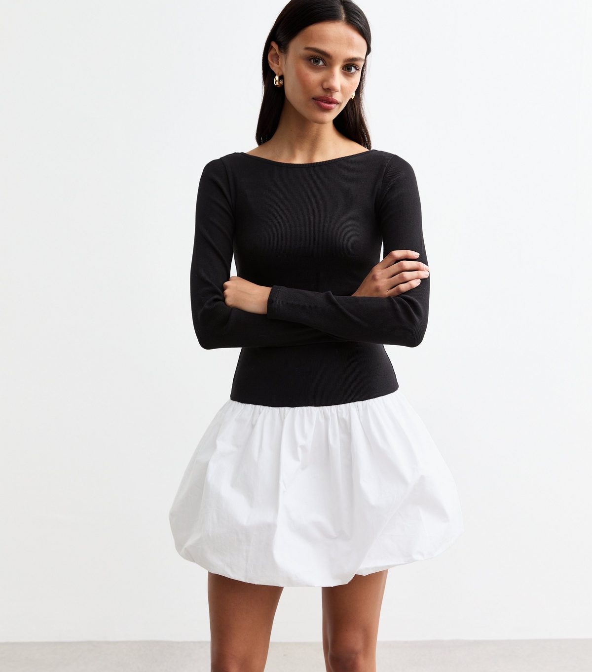 Women's Black And White Bubble Hem Micro Mini Dress New Look
