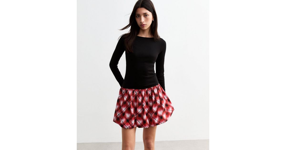 Plaid Patchwork Ruffle Hem Long Sleeve Mini Dress