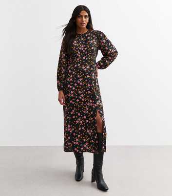 Black Floral Print Slit Hem Midi Dress