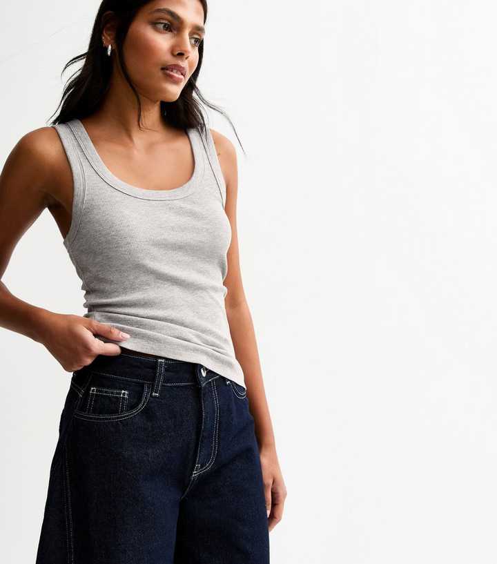 Grey Wide Strap Scoop Neck Ribbed Vest