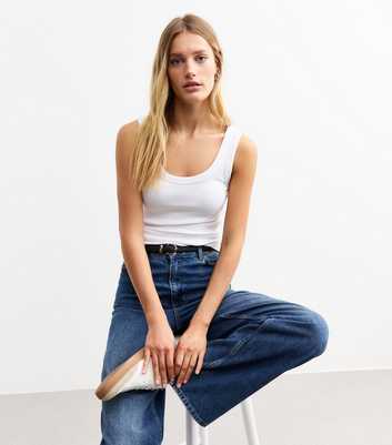 White Wide Strap Scoop Neck Ribbed Vest