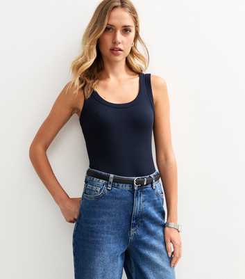 Navy Wide Strap Scoop Neck Ribbed Vest