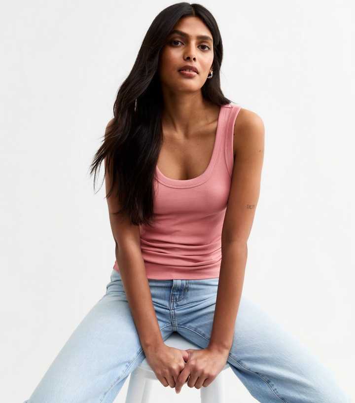 Pink Wide Strap Scoop Neck Ribbed Vest