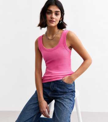 Bright Pink Wide Strap Scoop Neck Ribbed Vest