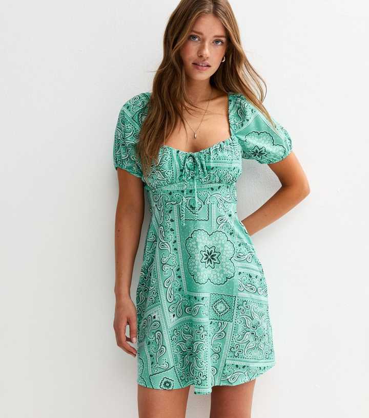 Green Tile Print Milkmaid Mini Dress