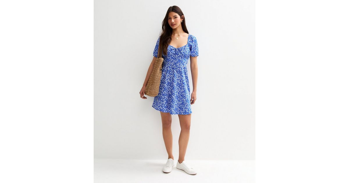 Blue Print Ruched Floral Mini Dress
