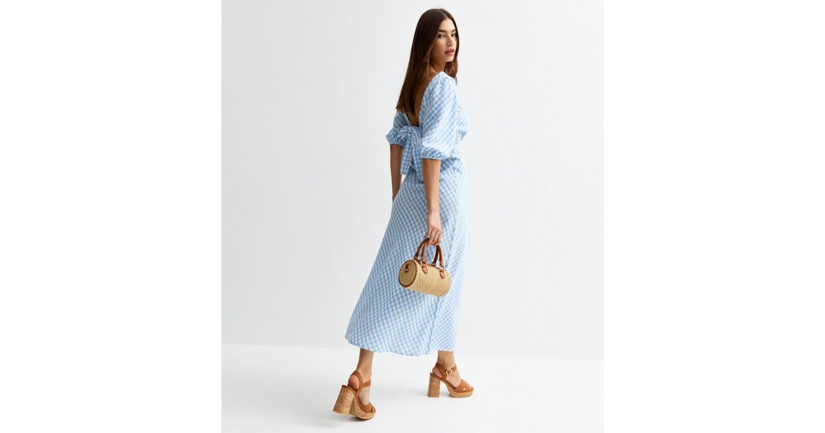 Women Blue Gingham Check One Bow Shoulder Dress