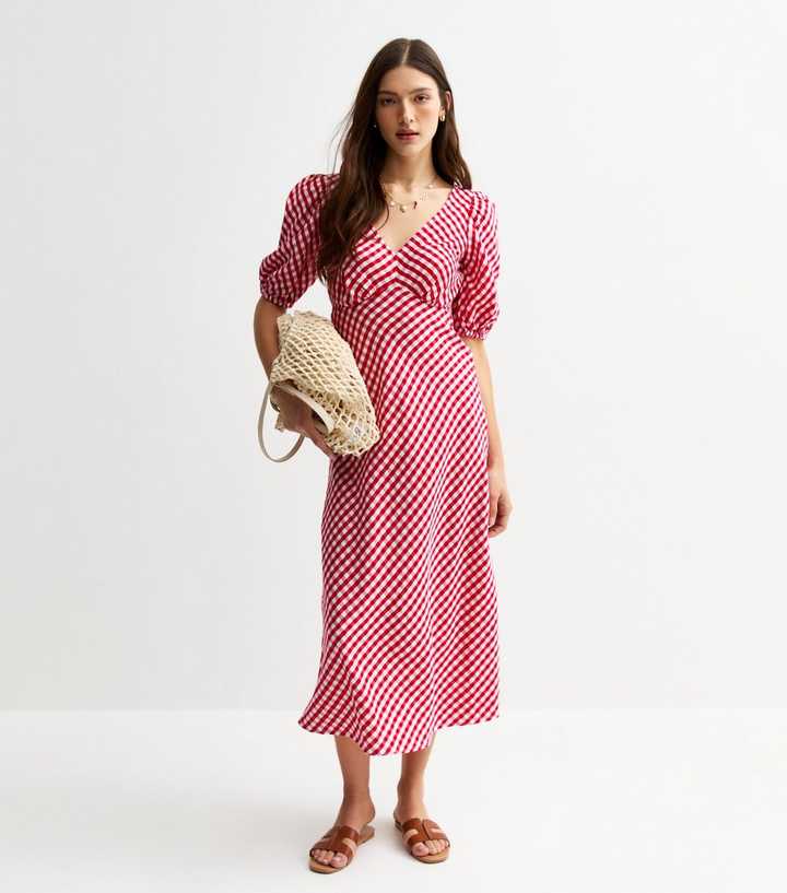 Red Gingham Bow Back Midi Dress | New Look
