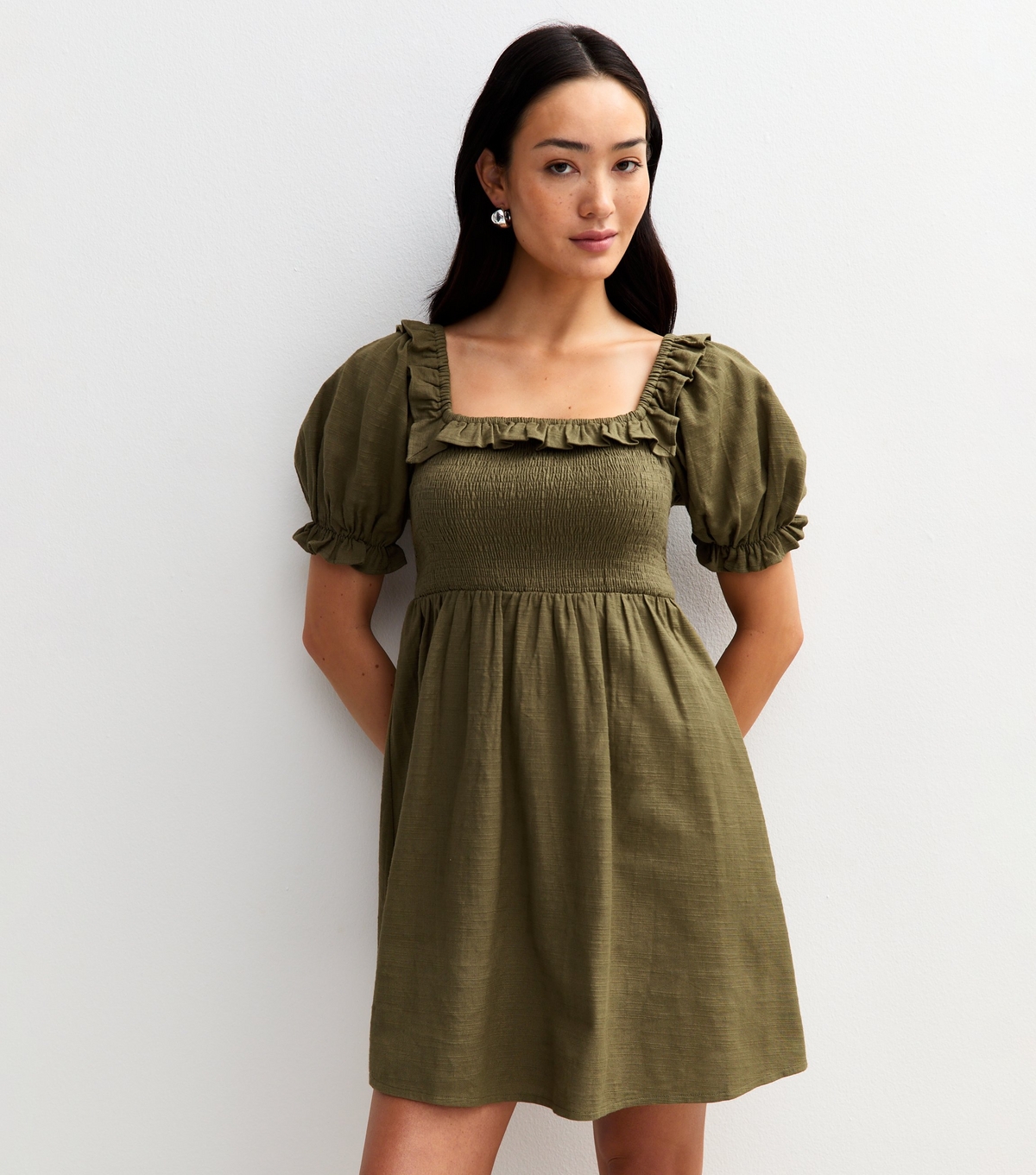 Women's Khaki Puff Sleeve Shirred Mini Dress New Look