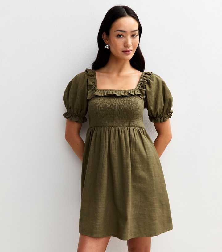 Print Shirred Dress Long Sleeve Mini