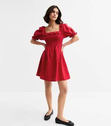 Red Puff Sleeve Shirred Mini Dress