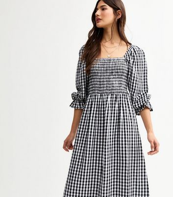 Black Gingham Shirred Midi Dress | New Look