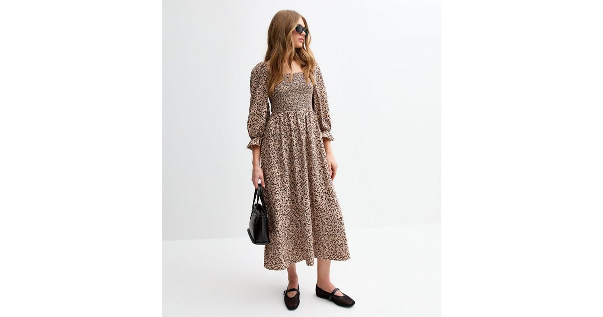 Brown Leopard Print Smocked Detail Flowy Midi Dress