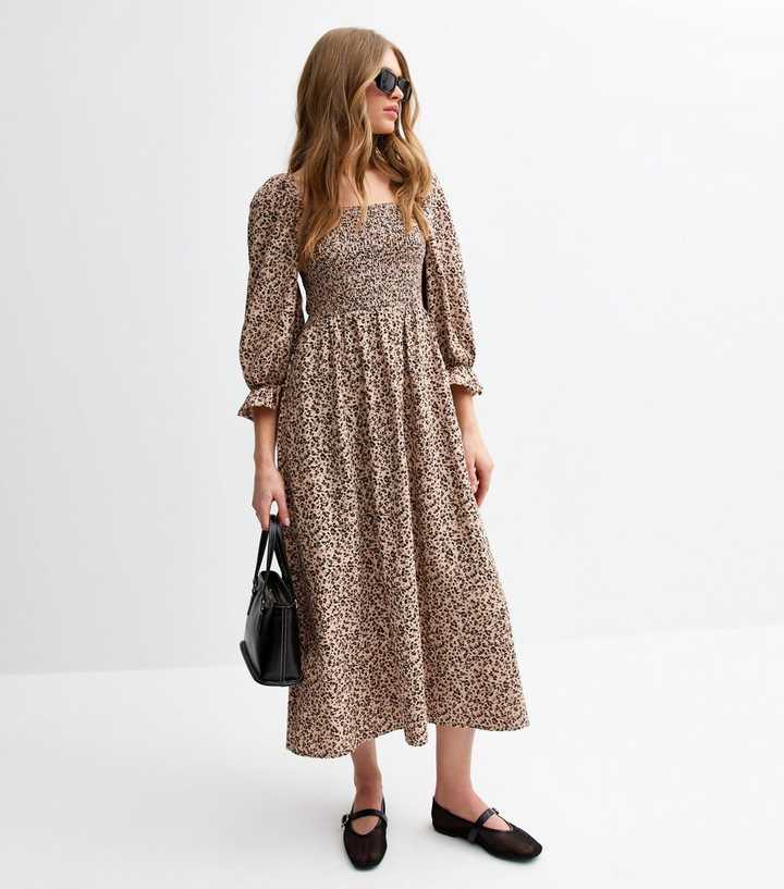 Brown Leopard Print Shirred Midi Dress
