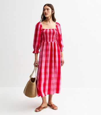 Pink Shirred Check Pattern Midi Dress