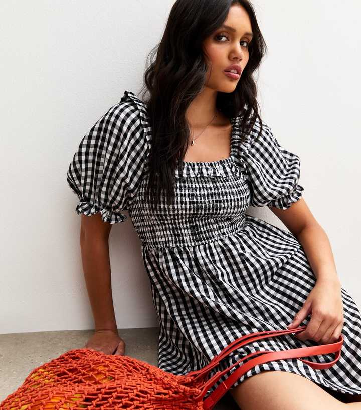 Black Gingham Check Shirred Mini Dress