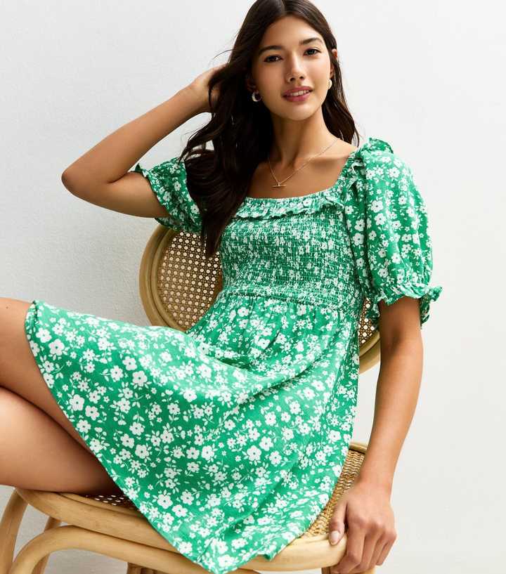 Green Floral Print Shirred Mini Dress