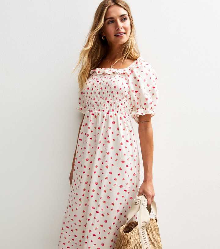 White Berry Print Shirred Midi Dress