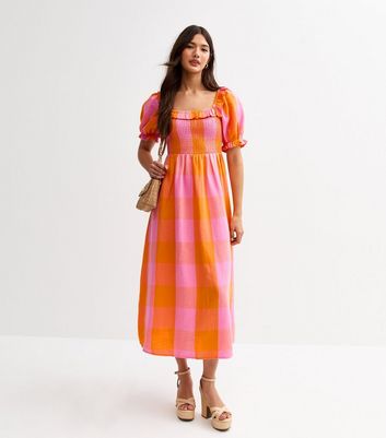 Orange Checked Shirred Bodice Midi Dress | New Look