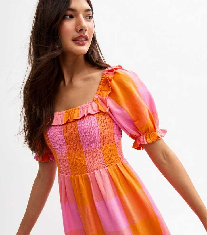 Orange Checked Shirred Bodice Midi Dress | New Look