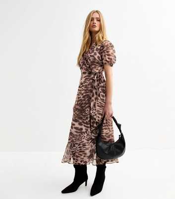 Brown Animal Print Chiffon Wrap Midi Dress