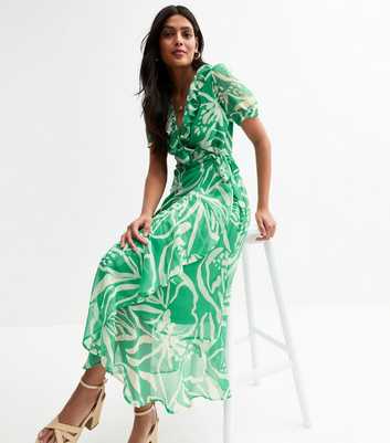 Green Chiffon Leaf Print Midi Dress