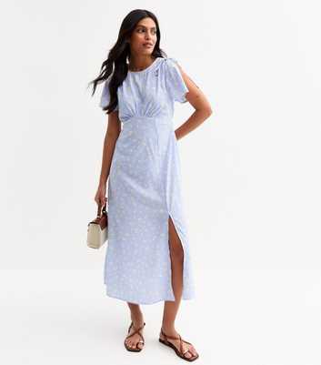 Blue Floral Print Split Sleeve Midi Dress