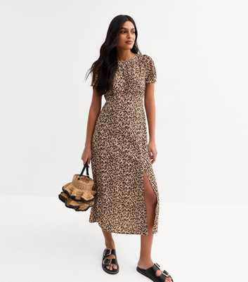 Brown Leopard Print Flutter Sleeve Midi Dress