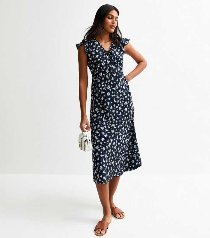 new look blue floral midi dress Blue Floral Print Ruffle Trim Midi Dress