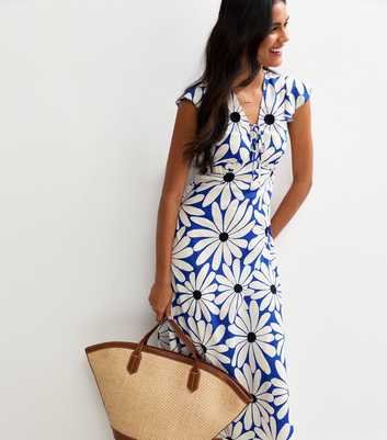 Blue Floral Print V-Neck Midi Dress