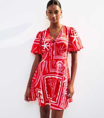 Pink Sea Print Tie Neck Mini Dress