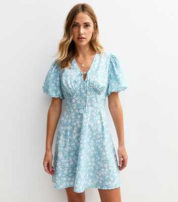 Blue Floral Print V-Neck Mini Dress