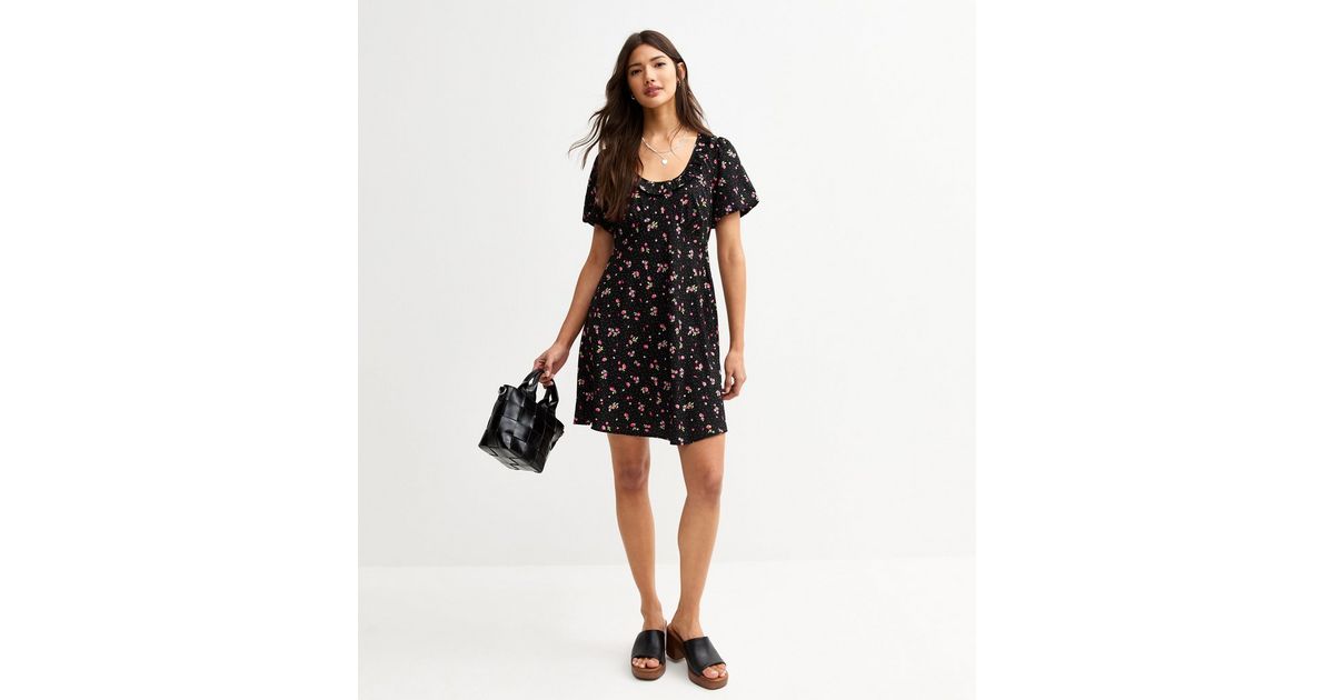Floral Print Scalloped Trim Mini Dress - Berry