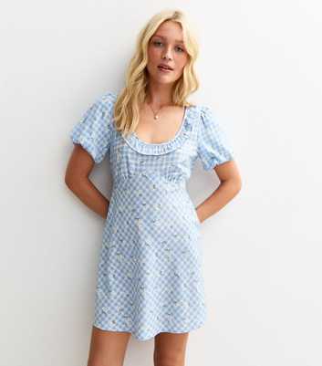 Blue Crepe Gingham Print Frill Neck Mini Dress