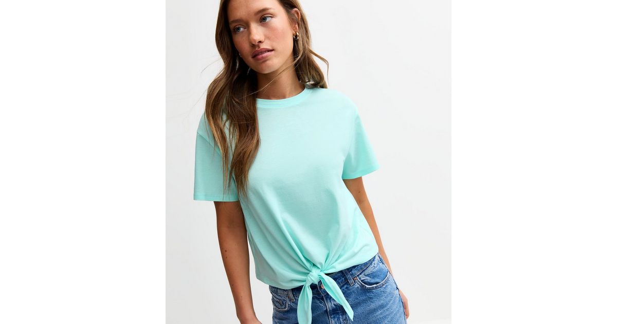 Star Vixen Women's 3/4 Sleeve Peasant Top - Front Tie Detail, Mint Color, Petite/Small Size