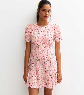 Pink Crepe Fruit and Strawberry Print Tiered Hem Mini Dress
