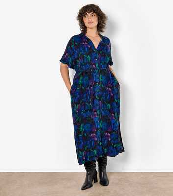 Apricot Curves Blue Floral Midi Shirt Dress