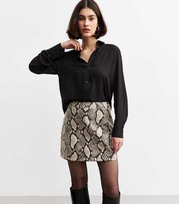 Grey Faux Leather Snake Print A-Line Mini Skirt