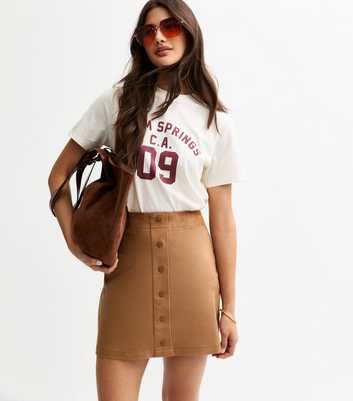 Tan Faux Suede Button Detail Mini Skirt