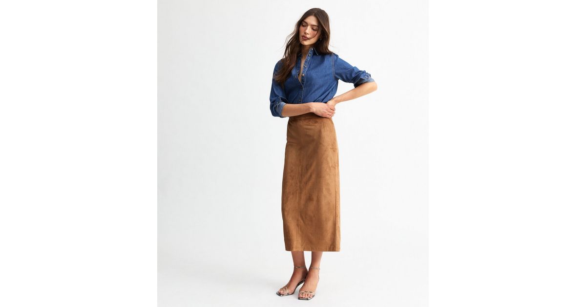 Simple faux suede bodycon midi skirt