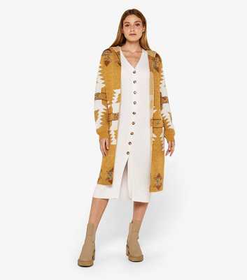 Apricot Yellow Hooded Abstract Longline Cardigan