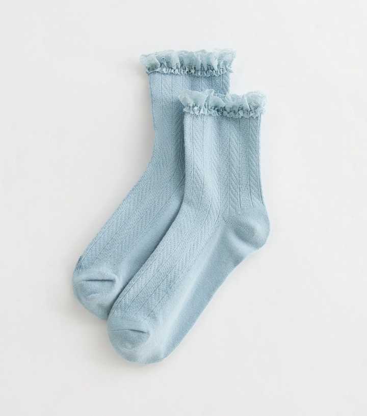 Blue Cable Frill Trim Socks