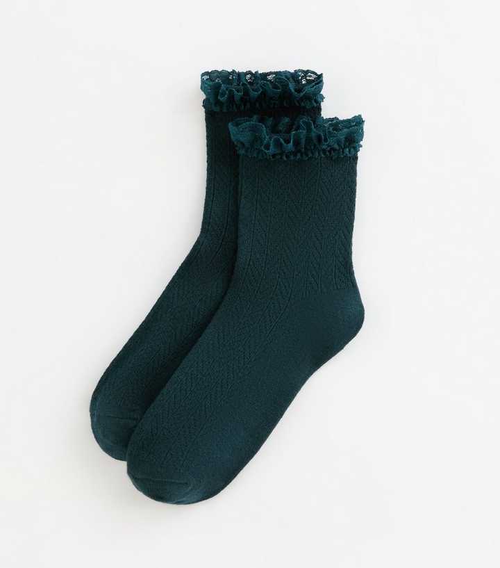 Teal Cable Frill Trim Socks