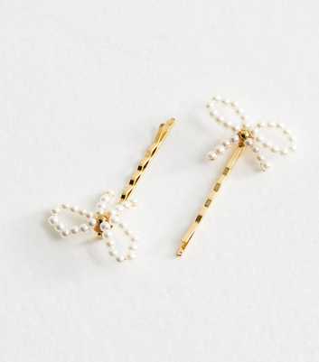 Pack of 2 Gold Faux Pearl Bow Hair Slides