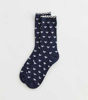 Navy Heart Pattern Frill Trim Socks