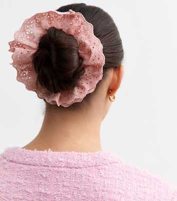 Pink Broderie Anglaise Frill Scrunchie