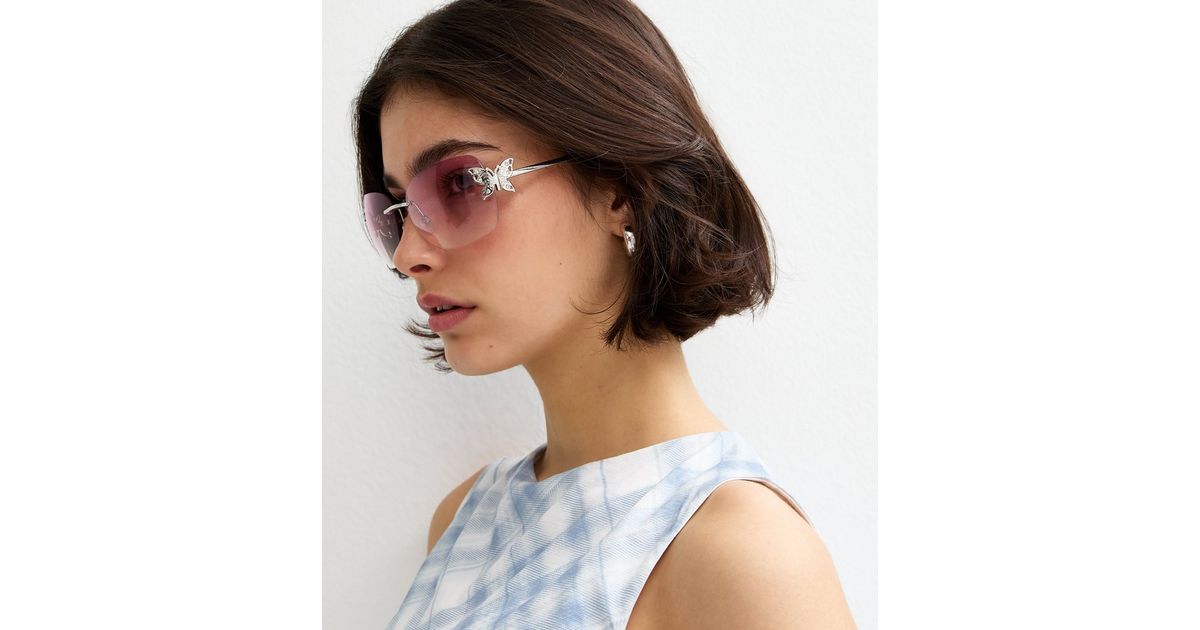 Light Pink Butterfly Charm Rimless Wrap Sunglasses New Look