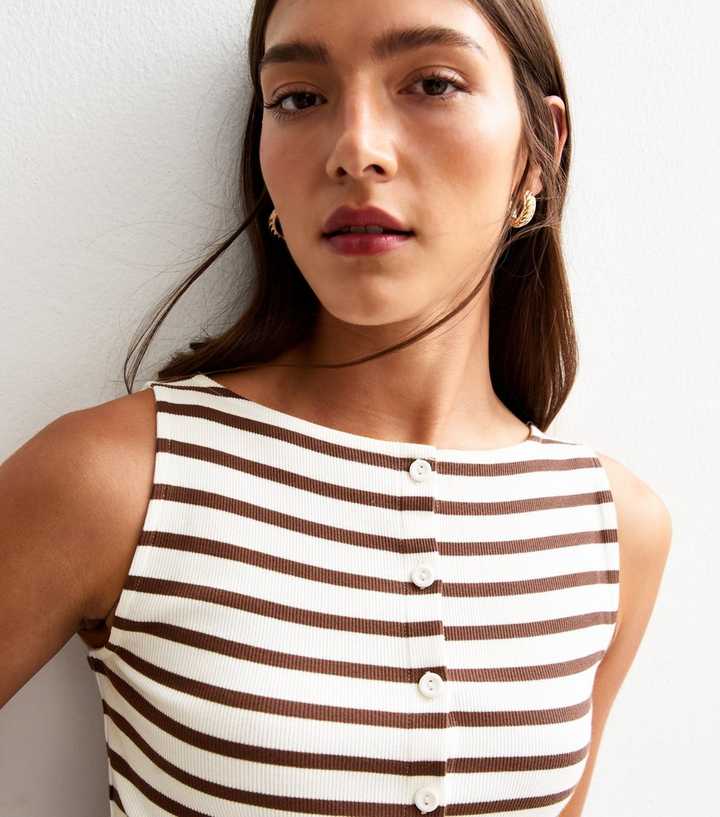 Brown Stripe Print Button Through Tank Top