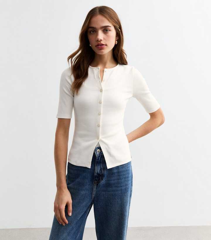 Button Rib Jacket White Button Front Rib Jersey Top | New Look
