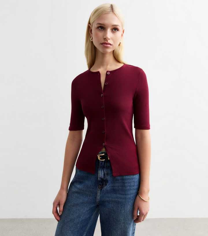 Button Rib Jacket Burgundy Button Front Rib Jersey Top | New Look